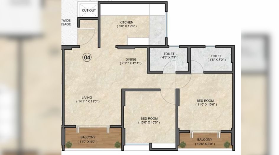 Kosmic-Kourtyard-Floor-Plan-2 BHK